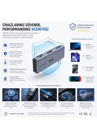 Bix Bx21hb 3in1 Type-c To Usb 3.2 Usb 2.0 Rj45 10/100 Dönüştürücü Adaptör, Apple MacBook Uyumlu, Type C Ethernet Çevirici Usb