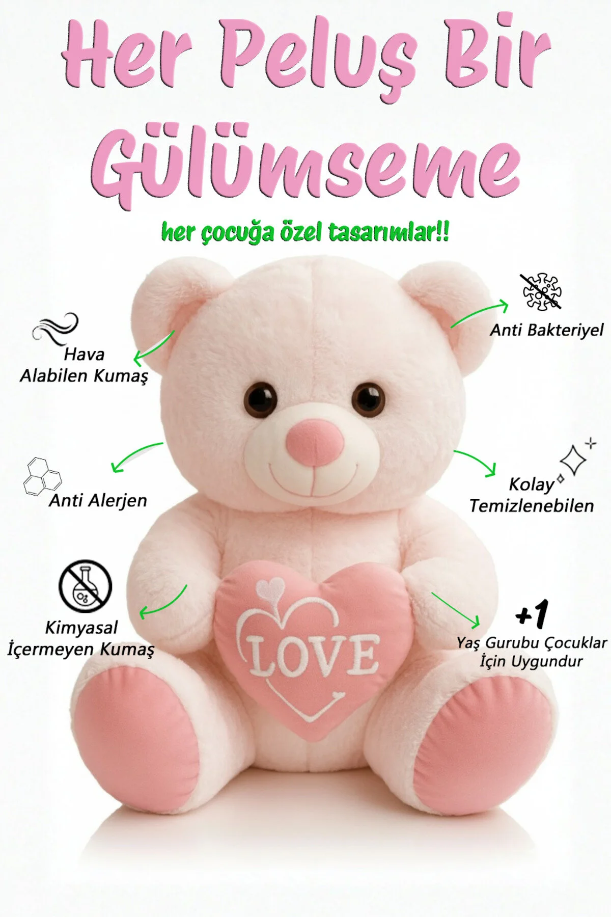 Ayıcık Kalpli Peluş Oyuncak 55 Cm - Sevimli & Yumuşak Açık Pembe