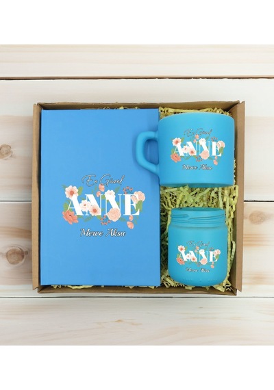 Bk Gift Kişiye Özel İsimli Dtf Anne Temalı Turkuaz Defter & Kahve Fincanı & Mum Hediye Seti-4, Anneye Hediye, Anneler Günü Hediyesi Kobitmeyencom30822
