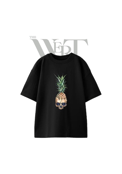 Thewert Skull Pineapple Tasarım Baskılı Ünisex Siyah Oversize T-shirt