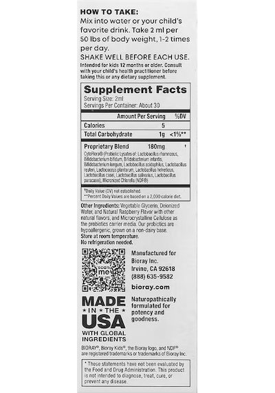 Bioray Kids Ndf Tummy 11-strain Children's Probiotics Blend Raspberry 2 Fl Oz 60 Ml