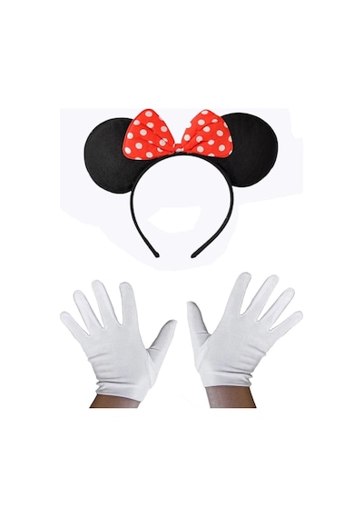 Kırmızı Fiyonklu Minnie Mouse Tacı Ve Beyaz Eldiven Seti Yetişkin