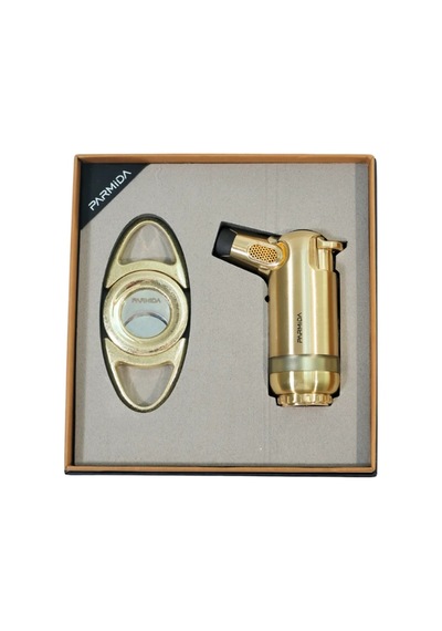 Parmida 3 Torch Gold Masa Tipi Çakmak Fırçalı Gold Kesici İkili Puro Seti Tr9857