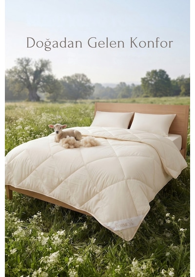 Tek Kişilik %100 Doğal Kuzu Yünü Yorgan Pamuk Kılıflı Kokusuz Terletmez Yıkanabilir 135x200 Cm Krem