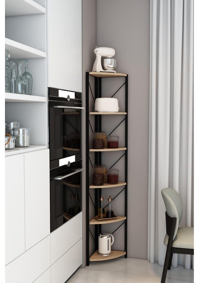 Datça 6 Raflı Metal Köşe Kitaplık Rafı Dekoratif Aksesuar Rafı 180 Cm Meşe Ceviz