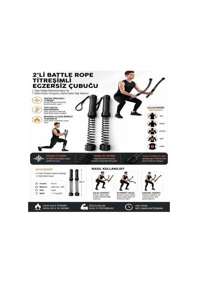 2&apos Li Battle Rope Titreşimli Egzersiz Çubuğu, Yaylı Dalga Mekanizmalı Kol, Omuz, Göğüs, Sırt Ve Core Antrenman Aleti 5728 Sarı