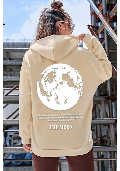 Uyguntarz Unisex The Moon Baskılı Sweatshirt Bej