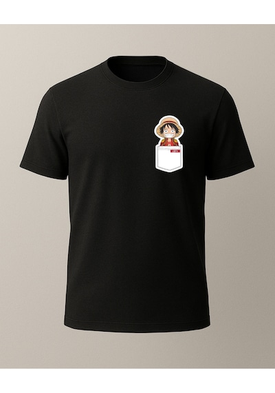 One Piece Cep Tasarımlı Baskılı T-shirt Siyah