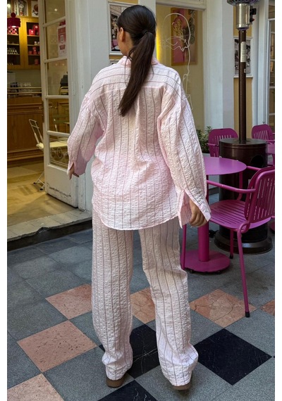 Madmext Pembe Transparan Relax Fit Çizgili Takım Mg2740