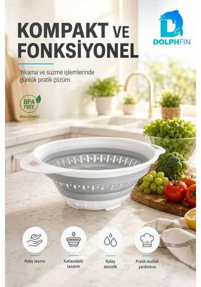 Katlanır Yuvarlak Süzgeç Mutfak Pratik Kullanım Gereci Beyaz - Gri