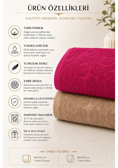 2'li Jakarlı Büyük Boy Banyo Havlusu 90x150 Cm %100 Pamuk Lorea 650 Gr Bej-fuşya