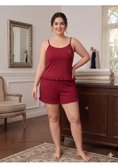 Büyük Beden Askılı Şortlu Likralı Pamuklu Kumaş Pijama Takım Bordo