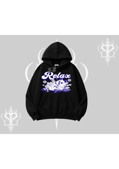 Startmore Relax Kedi Baskılı Kapşonlu Sweatshirt Siyah