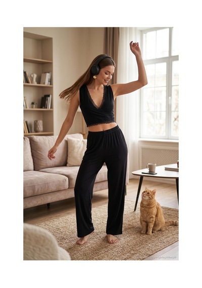Lela Yumuşak Dokulu Sırtı Bağlamalı Dantelli Crop Pijama Takımı Bayan Pijama Takımı 6575015 Siyah