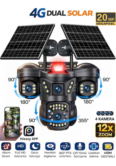 Aurex One 4 Kameralı 4g Sim Kartlı Solar Güvenlik Kamerası 2 Güneş Panelli Dış Mekan Gece Görüşlü