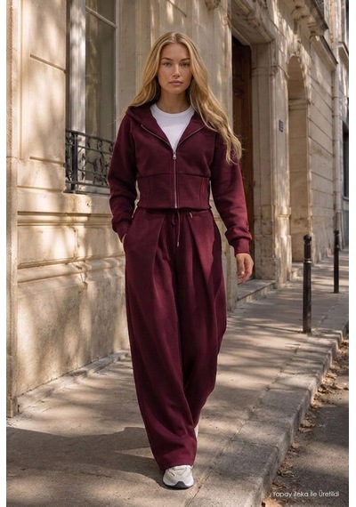 Kadın Bordo W6-35 Üst Polar Alt Eşofman Pantolon 2'li Takım