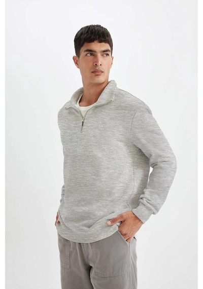 Erkek 3 İplik Pamuklu Uzun Kol Yarım Farmuarlı Yakalı Sweatshirt - Gri
