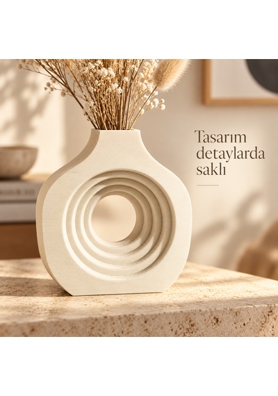 Halka Tasarımlı Dekoratif Vazo Modern Çiçeklik Krem