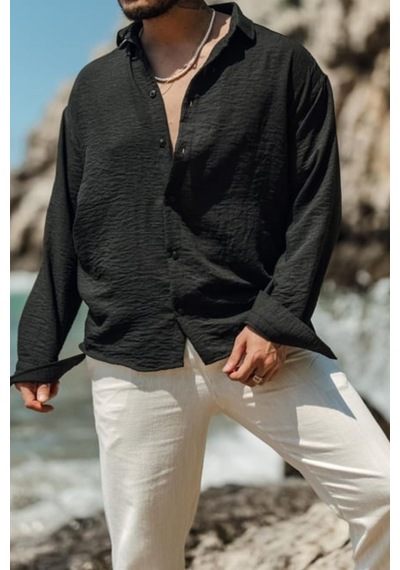 Cool Tarz Erkek Uzun Kollu Gömlek Yaka Keten Oversize Gömlek SİYAH