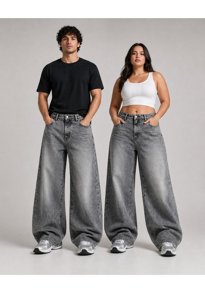 St.poll Eskitme Gri Yıkamalı Unisex Büyük Beden Baggy Jean Pantolon