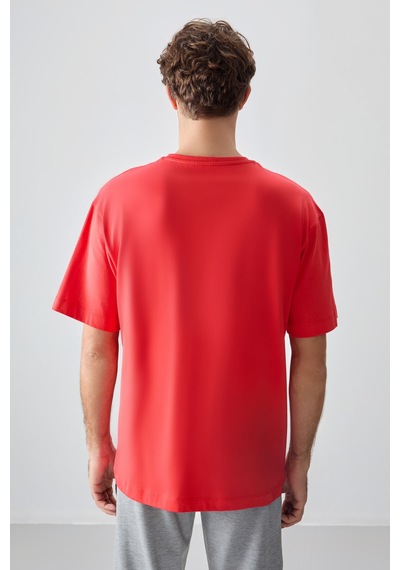 Air Jones Tommy Life Fiesta %100 Pamuk Kalın Yumuşak Dokulu Oversize Fit Baskılı Erkek T-shirt - 88355 Kirmizi