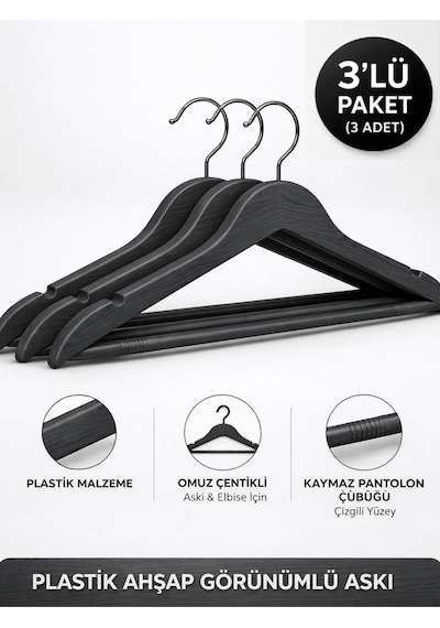 Beylini 3'lu Ahşap Görünümlü Plastik Askılık Yetişkin Kıyafetleri İçin Dayanıklı Elbise Gömlek Kancalı Askı Antrasit