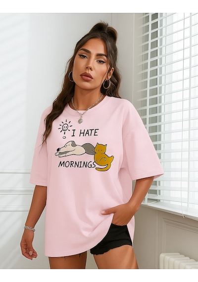 Kedi Baskılı Unisex Tişört Pembe