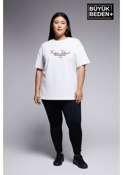 Superlife Kadın Büyük Beden Capri Island Baskılı 3xl-6xl Bisiklet Yaka Tshırt Spr26btsk510-14 Beyaz