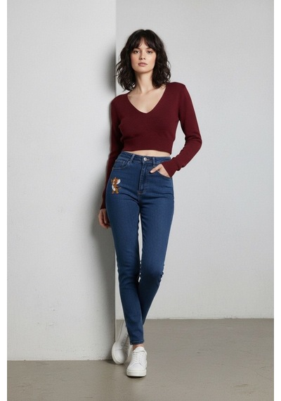 Kene Jeans Kadın Lacivert Tom Jerry Nakışlı Mom Pantolon Lacivert