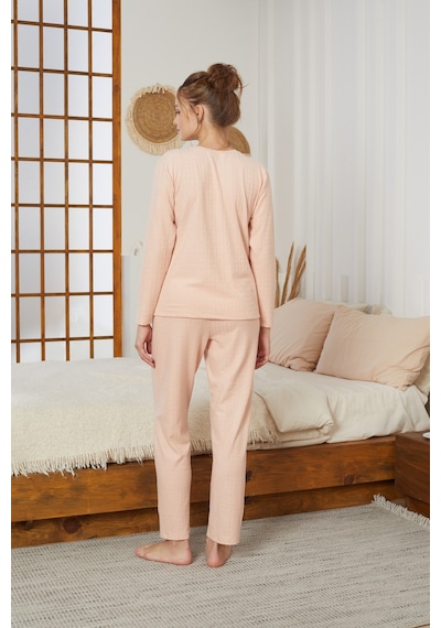 Siyah İnci Şardonlu Kışlık Örme Pijama Takım25226002 Somon