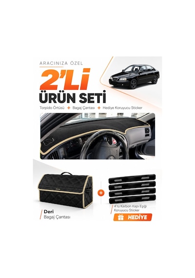 Hyundai Elantra 1997-2006 Uyumlu Torpido Örtüsü + Deri Bagaj Çantası + Sticker Seti - Siyah Bej