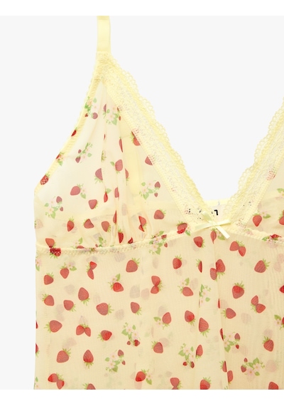 Koton Dantel Detaylı Fiyonklu İnce Askılı Pijama Üstü Ekru Desenli 6slk90066mk