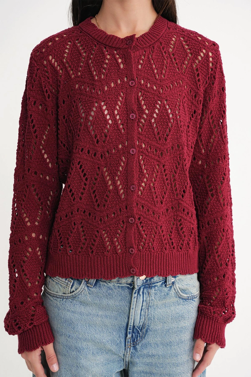 Mixray 6934 Kadın Baklava Desenli Mevsimlik Ajurlu Hırka Bordo