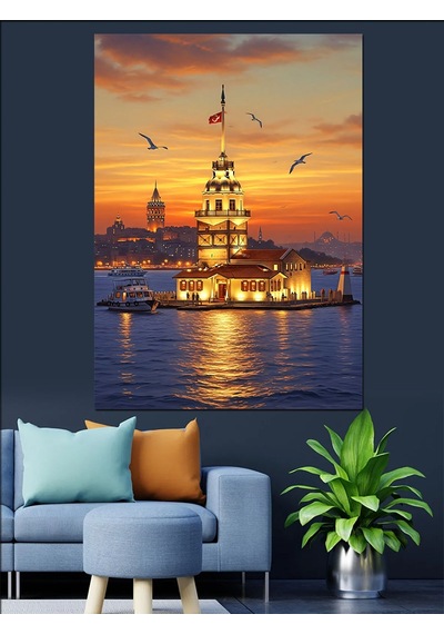 Ahşap Tablo Gece Işıkları Altında İstanbul Kız Kulesi