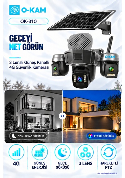 O-kam Ok-310 4g 3 Lensli Güneş Panelli Sirenli Güvenlik Kamerası