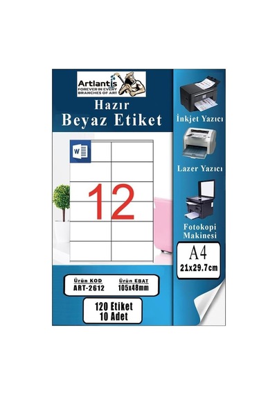 A4 Hazır Etiket 105x48 Mm 10 Sayfa 1 Paket 12 Li Kendinden Yapışkanlı Fotokopi Lazer İnkjet Kağ