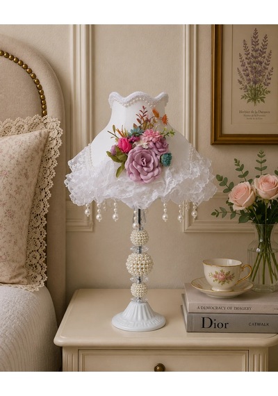 Renkli Çiçek Dekorlu Beyaz Kadife Başlık Beyaz İnci Ayaklı Klasik Model Şık Abajur 50x30cm