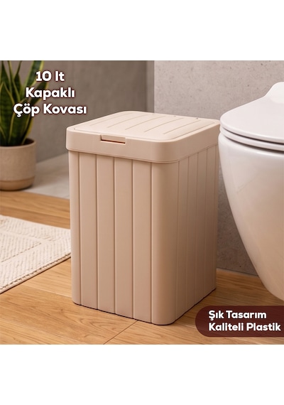 Porsima G-853 Linny Kare Çöp Kutusu Banyo Mutfak Çöp Kovası Kapaklı Banyo Çöp Kovası 10lt Bej