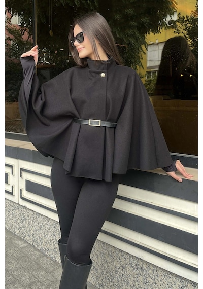 Butik Siyah Kemerli Kaşe Panço