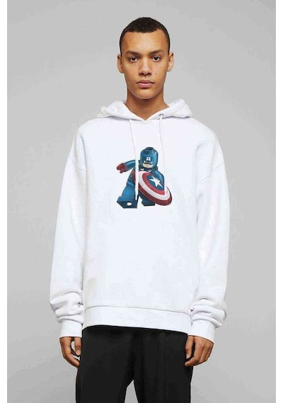 Captain America Lego Baskılı Beyaz Erkek Örme Kapşonlu Sweatshirt