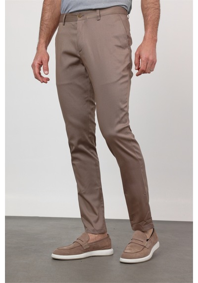 İmza Koyu Bej Yan Cep Düz Paça Armürlü Slim Fit Pamuklu Chino Pantolon 1003260165