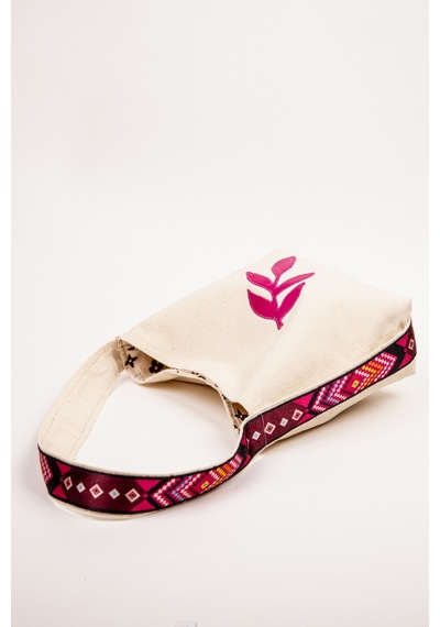 Fabric Craft Bag Omuz Çanta Kanvas Motifli Krem - Pembe