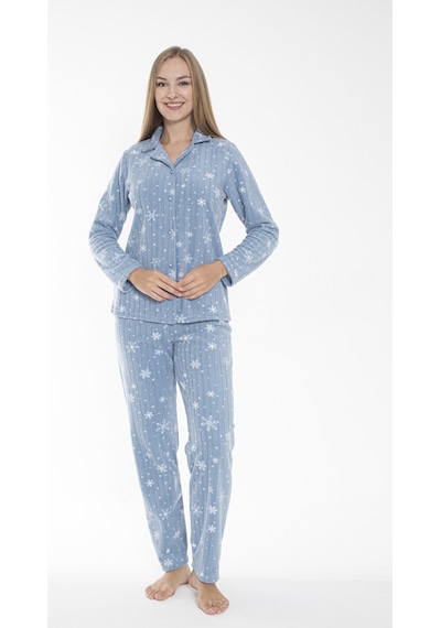 Estiva Kadın Kışlık Kar Desenli Önden Düğmeli Fitilli Polar Pijama Takımı Mavi Çok Renkli