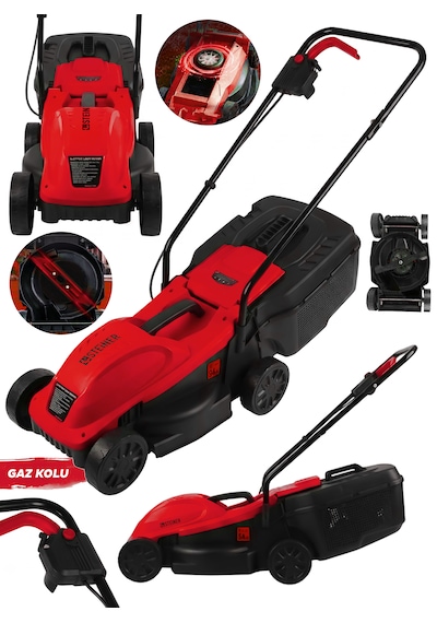 Steiner 1200w Elektrikli Bakır Sargılı Tekerlekli Çim Biçme Makinesi Kırmızı 30 Litre Toplama Torbalı