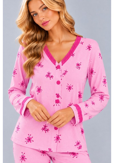 Pijamask Kadın Çiçek Ve Kelebek Desenli V Yaka Düğmeli Uzun Kollu Kaşkorse Pijama Takımı Pembe-15 Pijamask Kadın Çiçek Ve Kelebek Desenli V Yaka Düğmeli Uzun Kollu Kaşkorse Pijama Takımı Pembe-15