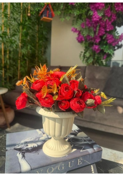 Yapay Çiçek Krem Antik Saksıda Kırmızı Erengül 23cm