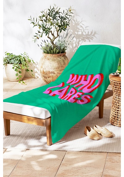 Who Cares Yazılı Modern Typografi Plaj Havlusu - Yeşil Pembe Pop Art Hızlı Kuruyan Mikrofiber Havlu Köpük Ada