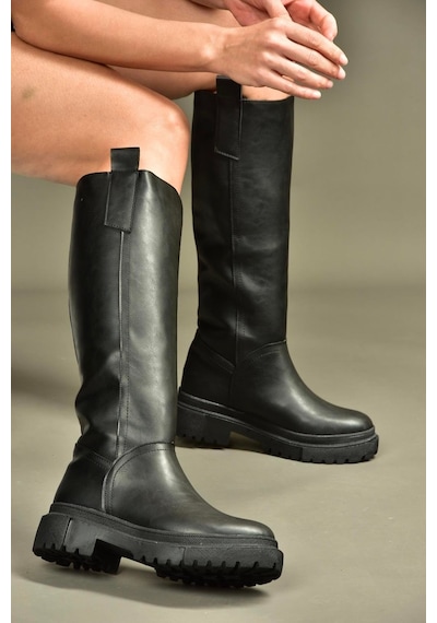 Fox Shoes V973555509 Siyah Cilt Düz Tabanlı Kadın Binici Çizmesi Siyah Mat
