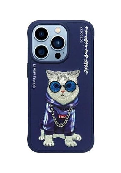 Nımmy İphone 15 Pro Max Uyumlu 3d Gözlük Zincir Handsome Kedi Nakış İşlemeli Kabartmalı Cool Glasses Kılıf
