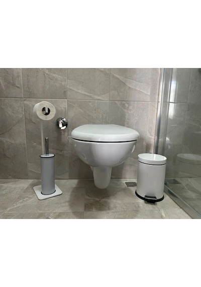 Aju Tuvalet Kağıtlığı Fırçalık Ve Pedallı Çöp Kovası Seti Modern Ve Şık Siyah Metal Tasarım Beyaz